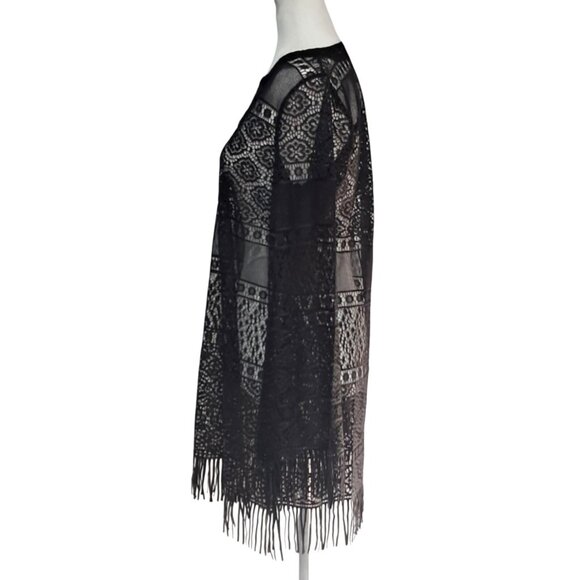 Vintage Black Lace Top Womens Size L Large Fringe Long Sleeve V Neck Cover Up A- - Picture 4 of 7